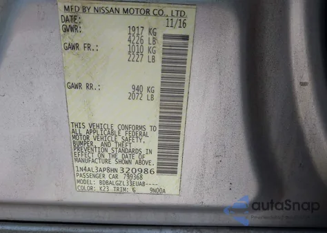 2017 Nissan Altima 2.5 S z USA, uszkodzony, nr VIN 1N4AL3AP8HN320986